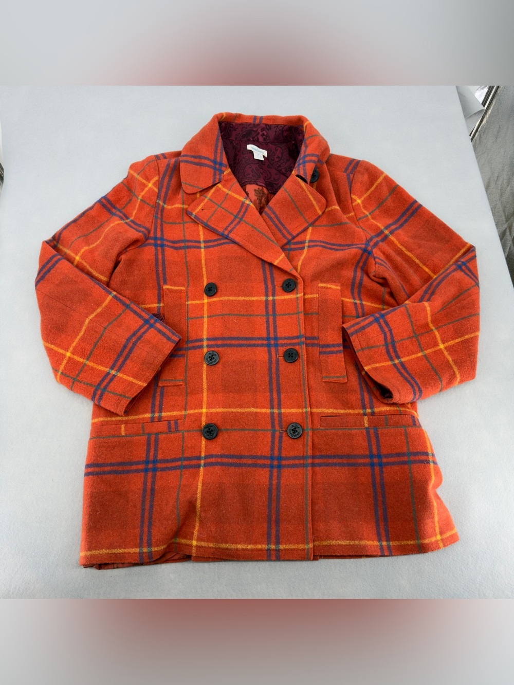 Sundance Courtney Orange Plaid Wool Blend Peacoat Medium women's